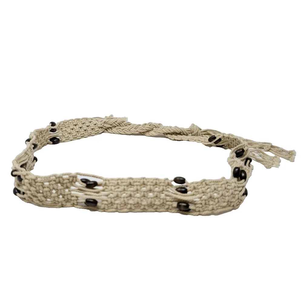Vintage 80s Belt Beige Crocheted Tie Boho Beaded Macrame Women's 31 Inches
